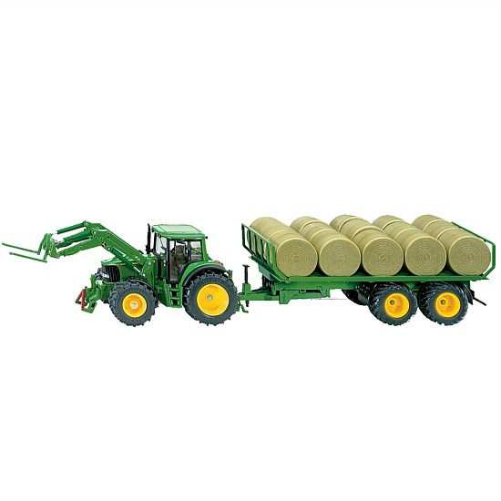 1:32 John Deere 6820 Tractor with Front Loader and Trailer with Round Bales