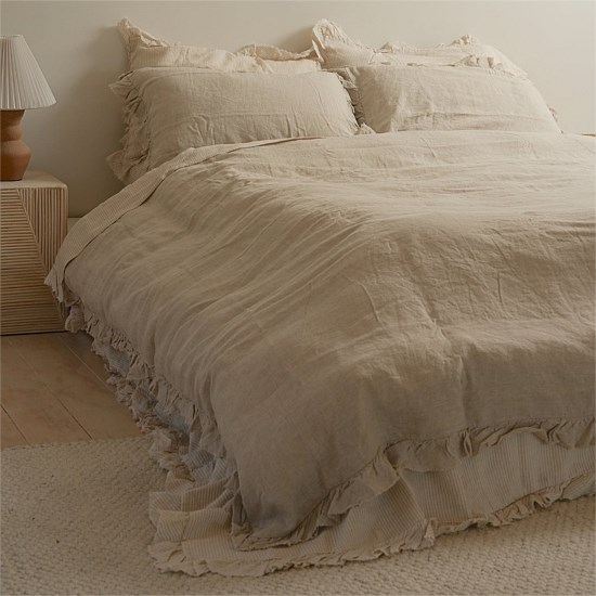 100% French Flax Linen Ruffle Edge Duvet Set- Natural Oat