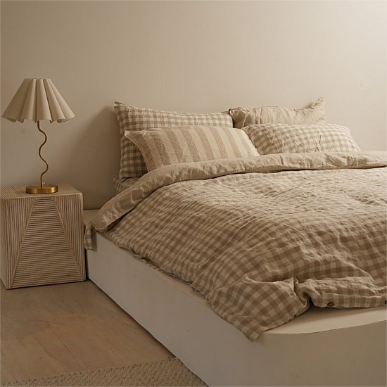 100% French Flax Linen Reversible Duvet Cover Set - Natural Gingham