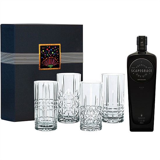 Scapegrace Black Gin, 4 tall Gin glasses in a black gift box