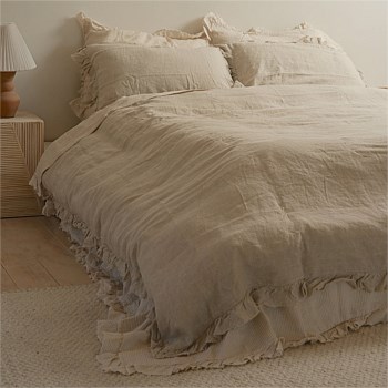 100% French Flax Linen Ruffle Edge Duvet Set- Natural Oat