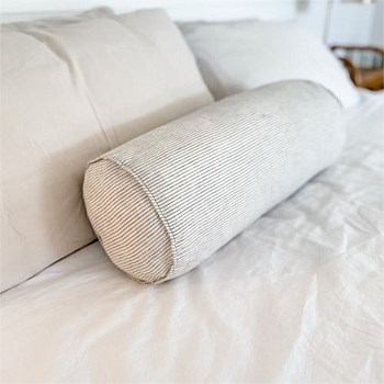 100% French Flax Linen Feather filled Bolster Cushion- Charcoal Pinstripe