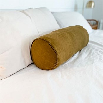100% French Flax Linen Feather filled Bolster Cushion- Khaki